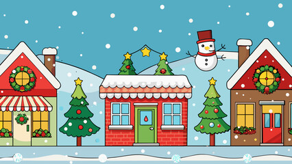 Poster - December is a month of sparkling lights and festive decorations. Everywhere you look there are ling Christmas lights snowmen and evergreen wreaths. Cartoon Vector.