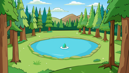 Fototapete - Deep in the forest far from any roads or buildings a small lake can be found. Its crystalclear waters reflect the vibrant greens of the surrounding. Cartoon Vector.