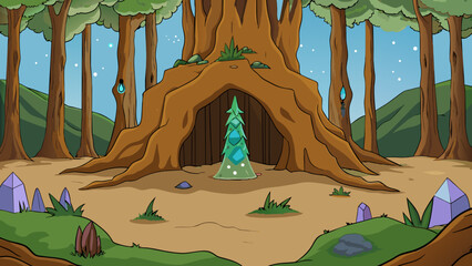 Aufkleber - Deep in the forest a lone tree stands tall and proud its gnarled branches reaching towards the sky. Beneath its roots lies a secret a hidden cave. Cartoon Vector.