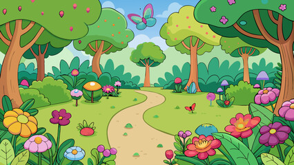 Aufkleber - Enchanted Garden A small enchanted garden hidden within a dense forest. The trees and bushes are expertly shaped into whimsical designs while colorful. Cartoon Vector.