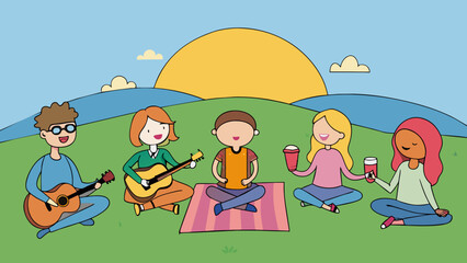 Poster - Enjoying a concert A group of friends sits on a grassy hill while watching a concert. They have colorful blankets spread out and are sitting on. Cartoon Vector.