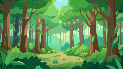 Poster - Enchanted Forest A dense canopy of emerald green trees their leaves rustling gently in the wind. Sunlight filters through the branches casting dappled. Cartoon Vector.