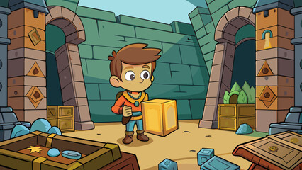 Poster - Exploring an old abandoned castle a young adventurer discovers a hidden chamber filled with ancient artifacts and treasures. The walls are adorned. Cartoon Vector.