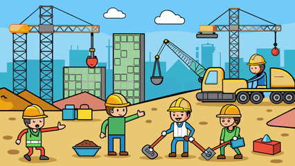 Poster - Follow the blueprints to a bustling construction site. The air is filled with the sounds of drilling and hammering and large cranes and bulldozers can. Cartoon Vector.