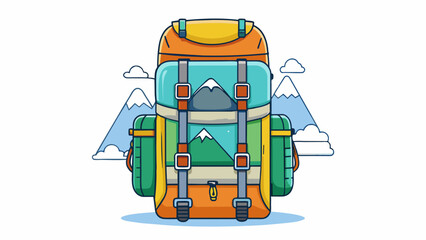 Poster - For long hikes in the mountains a backpack with multiple compartments and comfortable ss is a musthave. Its durable waterproof material and extra. Cartoon Vector.