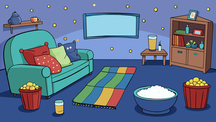 Aufkleber - Friday night is movie night and the living room is transformed into a cozy theater. Soft plush pillows and blankets cover the floor and the TV glows. Cartoon Vector.
