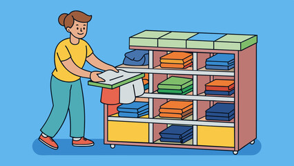 Aufkleber - Folding Laundry Fold and stack a load of freshly washed soft and warm clothes according to their type shirts pants towels and place them neatly back. Cartoon Vector.