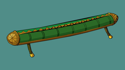 Poster - Hanging on the wall was a long slender object with four straight wooden legs and a curved cushioned top. Its fabric was dark green with intricate. Cartoon Vector.