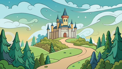 Poster - From afar the castle atop the hill appeared almost mystical surrounded by swirling mist and towering trees. As she approached the intricate details of. Cartoon Vector.
