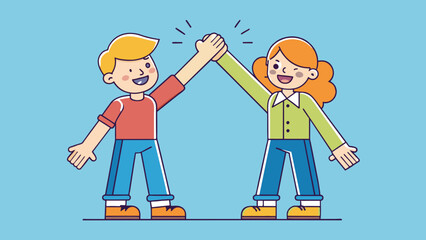 Poster - High five Two people standing facing each other with their hands raised about to slap them together. This is a gesture often used to celebrate and. Cartoon Vector.