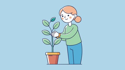 Aufkleber - Holding a small plant in your palm marveling at the delicate thin stems and soft velvety leaves as you carefully tend to it.. Cartoon Vector.