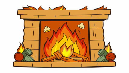 Poster - Illustration 3 A cozy fireplace with a crackling fire. The fire is made up of logs stacked neatly glowing embers and dancing orange flames. The warmth. Cartoon Vector.