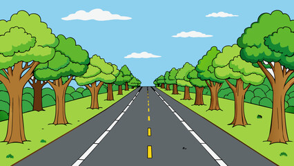 Aufkleber - Imagine a long stretch of road lined with tall trees on either side extending for a mile. The branches of the trees provide shade and the road is. Cartoon Vector.
