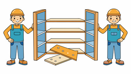 Aufkleber - Identify and separate the individual shelves side panels and support pieces.. Cartoon Vector.