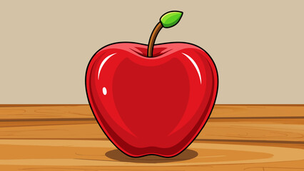 Wall Mural - Illustration 4 A shiny red apple sitting on a wooden table. The apple has a smooth surface with a slightly rough stem at the top. The color is deep. Cartoon Vector.