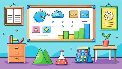Aufkleber - In a classroom there is a whiteboard with colorful markers on a tray beside it. The board has math equations drawn on it and is surrounded by posters. Cartoon Vector.