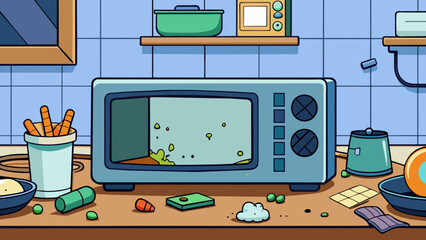 Fototapete - In a cluttered kitchen a microwave with a faulty display sits on the counter its buttons worn and discolored from overuse.. Cartoon Vector.