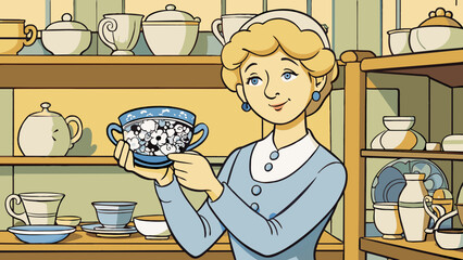 Aufkleber - In a cluttered antique shop a woman carefully lifts a delicate porcelain teacup to examine its intricate floral design showing great regard for the. Cartoon Vector.