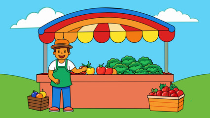 Fototapete - In a field a vendor sets up a stall with a rainbow of fruits and vegetables on display. The produce is fresh and vibrant with leafy greens and juicy. Cartoon Vector.