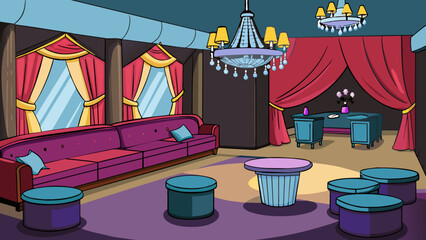 Aufkleber - In a corner of the club there is a VIP section with plush velvet couches and curtains for privacy. The VIP area is adorned with luxurious decorations. Cartoon Vector.
