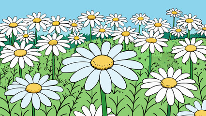 Poster - In a field of daisies the majority of the flowers were white but there were a few patches of yellow and pink tered throughout.. Cartoon Vector.