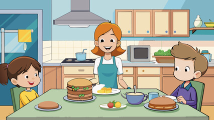Poster - In a cozy suburban neighborhood a mother prepares breakfast for her family filling the kitchen with the sweet smell of pancakes and maple syrup. Her. Cartoon Vector.