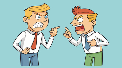 Poster - In a heated argument two coworkers stood facing each other their voices raised in frustration. They were both speaking quickly and loudly with pointed. Cartoon Vector.