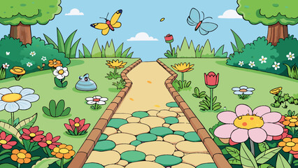 Fototapete - In a garden a variety of blooming flowers create a colorful and fragrant display. Butterflies flit from blossom to blossom while bees buzz. Cartoon Vector.