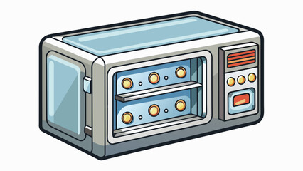 Poster - In a kitchen you can usually find a rectangular appliance with a glossy silver exterior. Its front is adorned with a series of buttons and inside. Cartoon Vector.