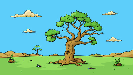 Poster - In an abandoned field there is a solitary tree that has been standing for centuries. Its branches are gnarled and twisted reaching towards the sky. It. Cartoon Vector.