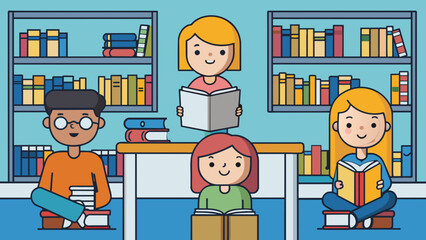 Aufkleber - In a library people speak quietly and refrain from disruptive behavior out of consideration for others who are studying and reading.. Cartoon Vector.