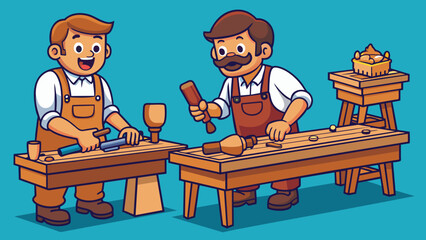 Aufkleber - In a workshop skilled workers are handcrafting wooden furniture using traditional techniques. Each piece is unique and showcases the natural beauty. Cartoon Vector.