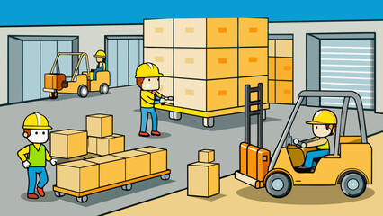 Poster - In a warehouse rows of stacked wooden crates sit next to large metal forklifts. Workers wearing bright yellow hard hats move back and forth loading. Cartoon Vector.