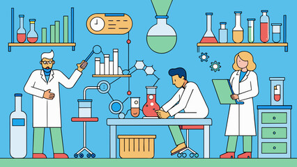 Poster - Inside a laboratory scientists are diligently working on experiments and testing equipment. Beakers test tubes and microscopes sit neatly on lab. Cartoon Vector.