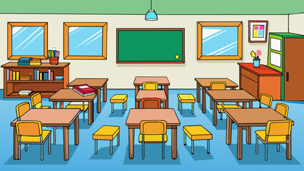 Fototapete - In most classrooms you will find desks chairs a whiteboard and shelves for books. These objects are used for learning and teaching and may vary in. Cartoon Vector.
