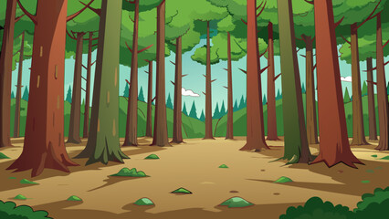 Fototapete - Inside a dense forest the tall emeraldgreen trees block out most of the sunlight. The forest floor is covered in a thick layer of fallen leaves and. Cartoon Vector.