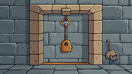 Poster - Inside the dimly lit dungeon Jack was a rusty key hanging from a hook on the stone wall. He had a jagged edge and a worn handle but his unique shape. Cartoon Vector.