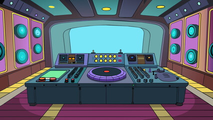 Fototapete - Inside the club there is a long sleek DJ booth with flashing LED lights and a powerful sound system. The DJ is surrounded by a multitude of buttons s. Cartoon Vector.