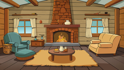 Poster - Inside a cozy cabin a warm fire crackles in the stone fireplace casting a soft glow on the wooden walls and floors. Plush couches and armchairs are. Cartoon Vector.