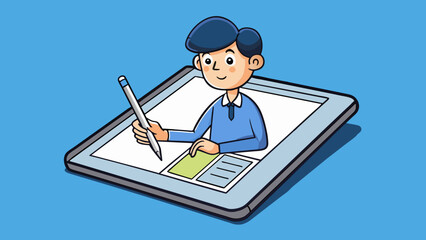 Poster - Instead of using a pen and paper to take notes she pulled out a sleek black tablet and a stylus effortlessly jotting down important information.. Cartoon Vector.