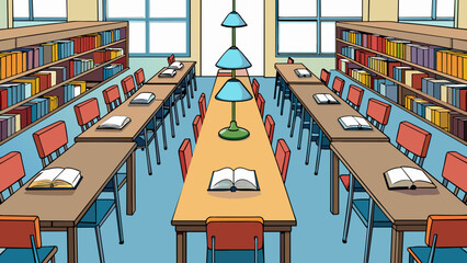 Aufkleber - Inside the library there are rows of long wooden tables with comfortable chairs arranged in front of them. Each chair has a soft cushion and an. Cartoon Vector.