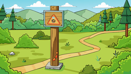Aufkleber - Inside a park a tall metal post with a wooden board attached to it stands out a the lush green trees. The board has a faded map of the park trails. Cartoon Vector.