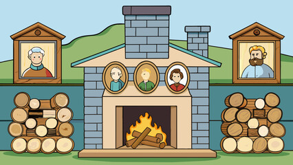 Aufkleber - In the 17th century people would gather around a large fireplace in their homes to stay warm. The fireplace was made of stone and had a tall mantle. Cartoon Vector.