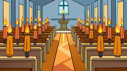 Poster - Inside the church rows of flickering candles line the walls casting a warm and peaceful glow. The scent of incense lingers in the air and a chorus of. Cartoon Vector.