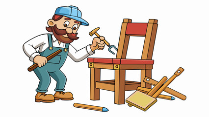 Poster - In order to build a wooden chair the carpenter first gathers all of the necessary materials including a sy wooden frame nails and a hammer. The wood. Cartoon Vector.