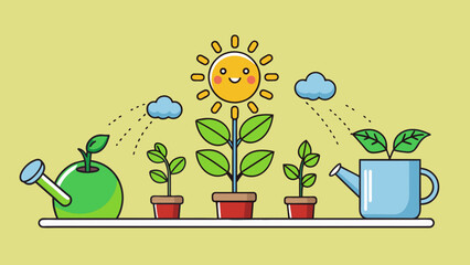 Aufkleber - In order to maintain a healthy plant it needs to be watered and given appropriate amounts of sunlight and nutrients each day.. Cartoon Vector.