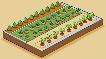 Poster - In the fourth illustration there is a small garden with rows of neatly planted vegetables. This represents the act of saving money by growing ones own. Cartoon Vector.