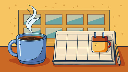 Poster - In the kitchen a steaming cup of coffee sits on the counter next to a neatly arranged calendar. The smell of freshly brewed coffee fills the air. Cartoon Vector.