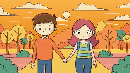 Poster - In the fourth illustration a young couple is taking a walk through the park completely involved in each others company. They are holding hands their. Cartoon Vector.
