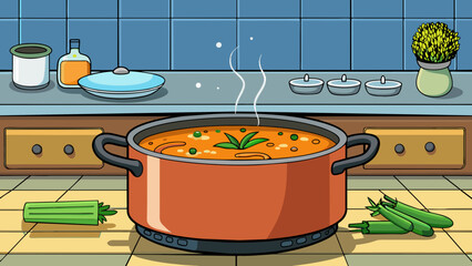 Poster - In the kitchen a pot sits on the stove filled with simmering vegetable soup. The aroma of herbs and es fills the air making mouths water in. Cartoon Vector.